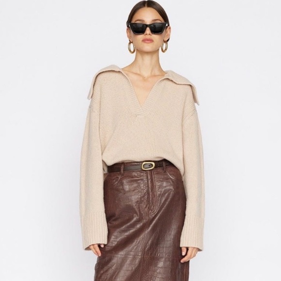 FRAME Oversized Collar 100% Merino Wool Tan Chunky Knit Sweater Small - Picture 4 of 15